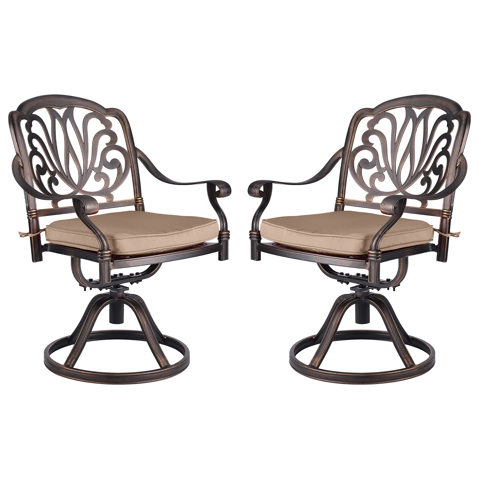 TITIMO 2-Piece Outdoor Patio Dining Chair Set - Cast Aluminum Swivel Rocker Bistro Chairs with Khaki Cushions - Antique Bronze Garden Furniture for Deck, Backyard & Poolside Relaxation