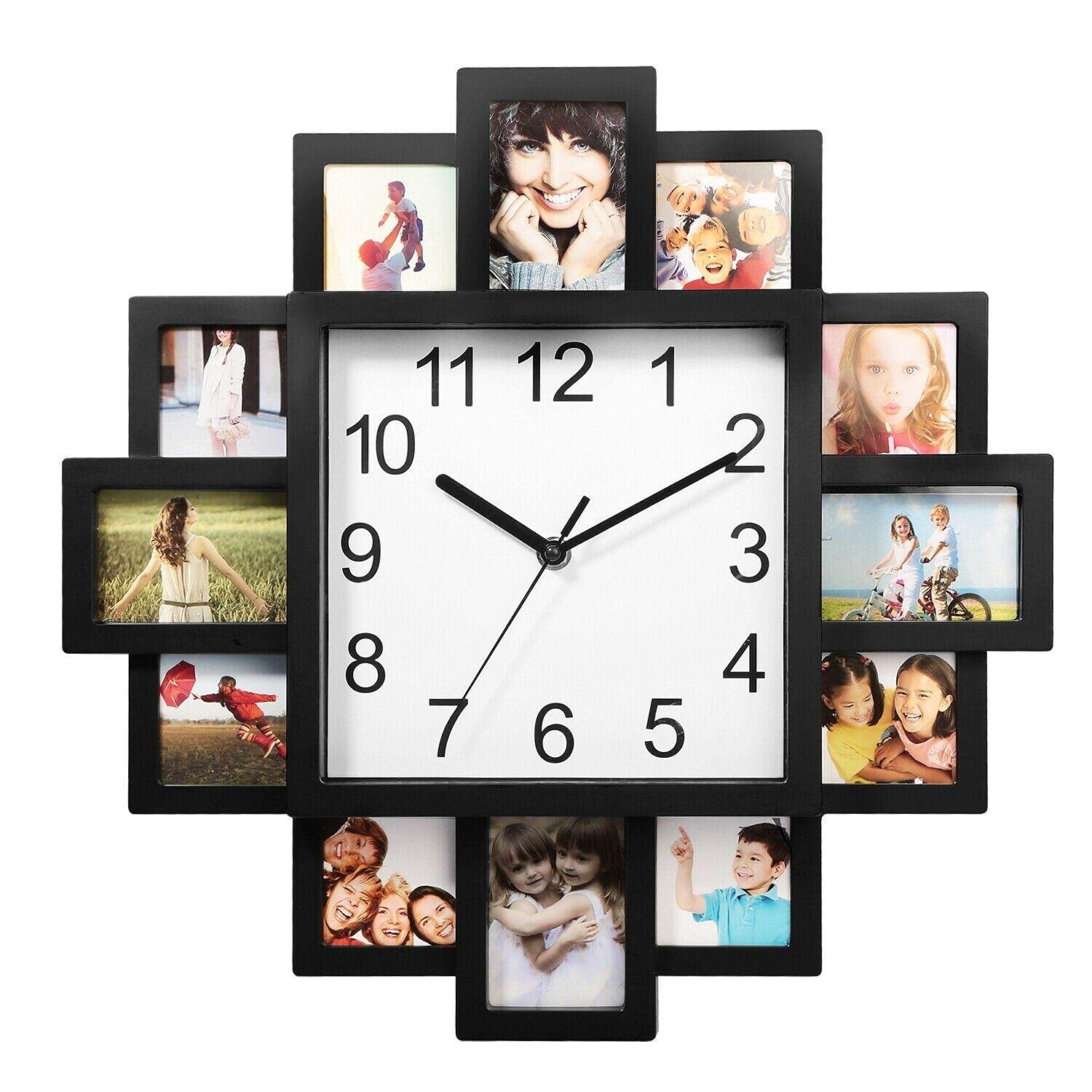 12-Picture Collage Wall Clock - Photo Frame Display with Built-in Clock for Home Decor, Living Room, Bedroom & Office - Perfect for Family Photos, Memories & Personalized Wall Art