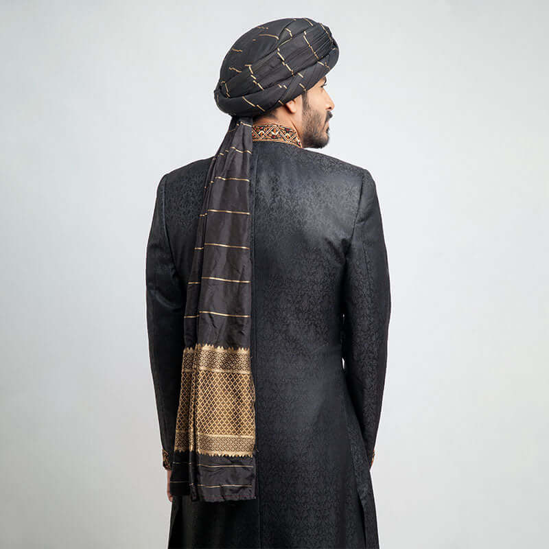 Luxury Jet Black Pure Jamavar Silk Sherwani for Men - Handcrafted Indian Wedding Attire - Perfect for Grooms, Gala Events & Cultural Celebrations