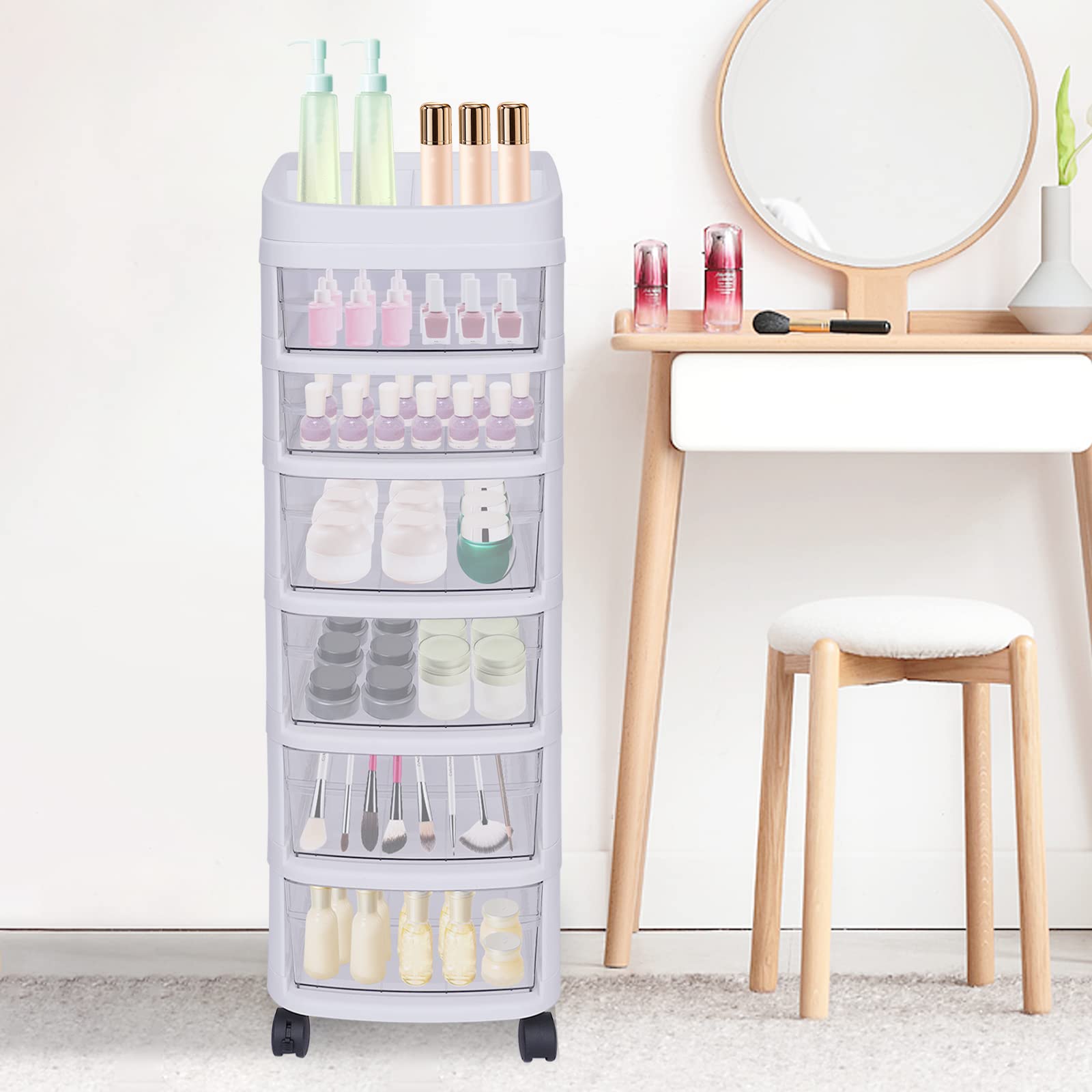 6-Drawer Rolling Storage Cart with Wheels - Plastic Organizer for Crafts, Office, Vanity, Bathroom & Bedroom | Portable Mobile Storage Solution for Home Organization & Workspace Efficiency