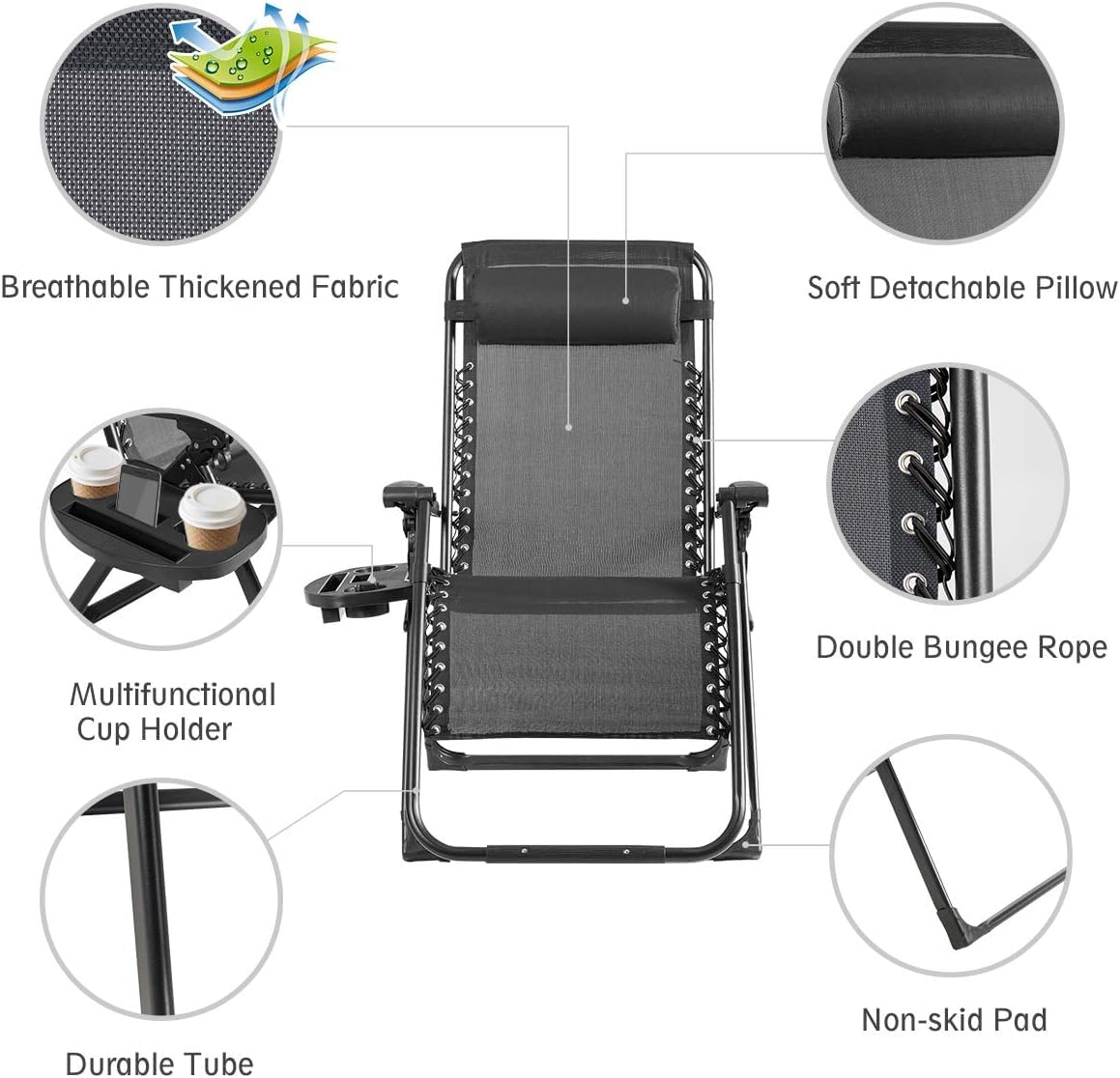 Premium Oversized Zero Gravity Chair - Heavy Duty Adjustable Recliner for Camping, Beach & Backyard - Includes Cup Holder & Support Pillow - Foldable Chaise Lounge for Poolside, Patio & Outdoor Relaxation (Black)