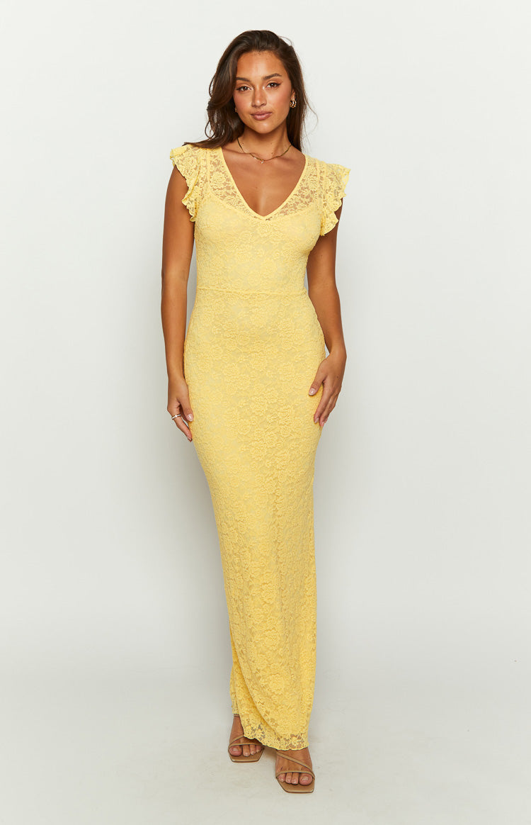 Blake Yellow Lace Maxi Dress for Women - Elegant Long Floral Summer Dress for Beach Wedding, Party & Special Occasions