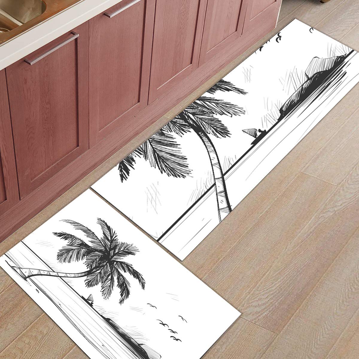 **Anti-Fatigue Kitchen Floor Mats Set - 2-Pack Non-Slip Waterproof Standing Mats with Cushion Support, Tropical Palm Design - Perfect for Cooking, Dishwashing & Comfortable Standing in Home Kitchen**