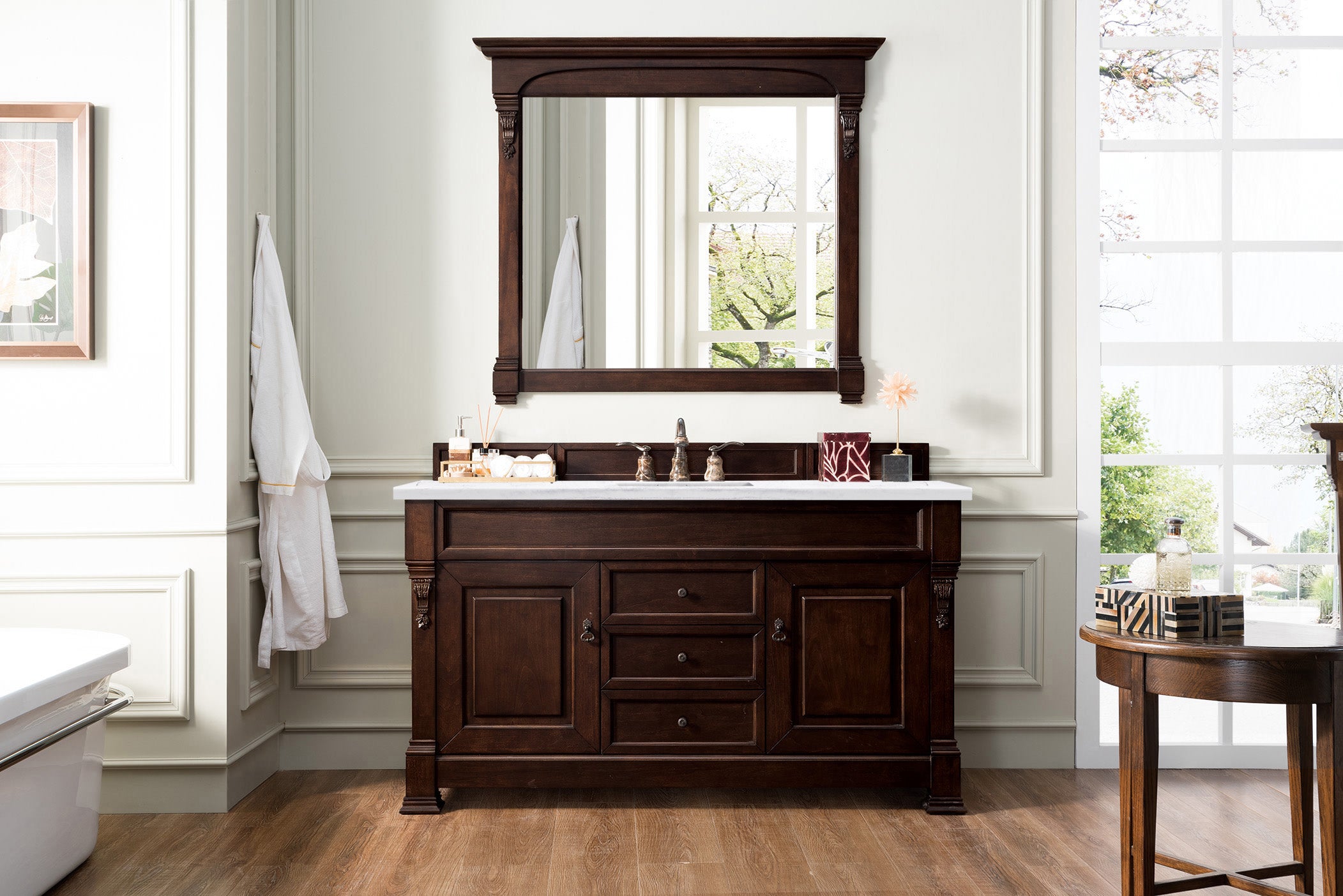 Brookfield 60-Inch Single Bathroom Vanity with Burnished Mahogany Finish & 3CM Arctic Fall Solid Surface Top - Perfect for Modern Master Bathrooms & Powder Rooms