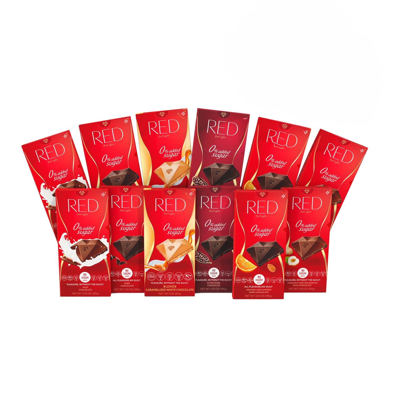 Sugar-Free RED Delight Chocolate Bar Variety Pack - 12 Full-Size Easter Chocolate Bars | Low Calorie, Reduced Fat | Assorted Flavors for Gifting, Sharing | Perfect for Easter Baskets, Holiday Parties & Office Treats