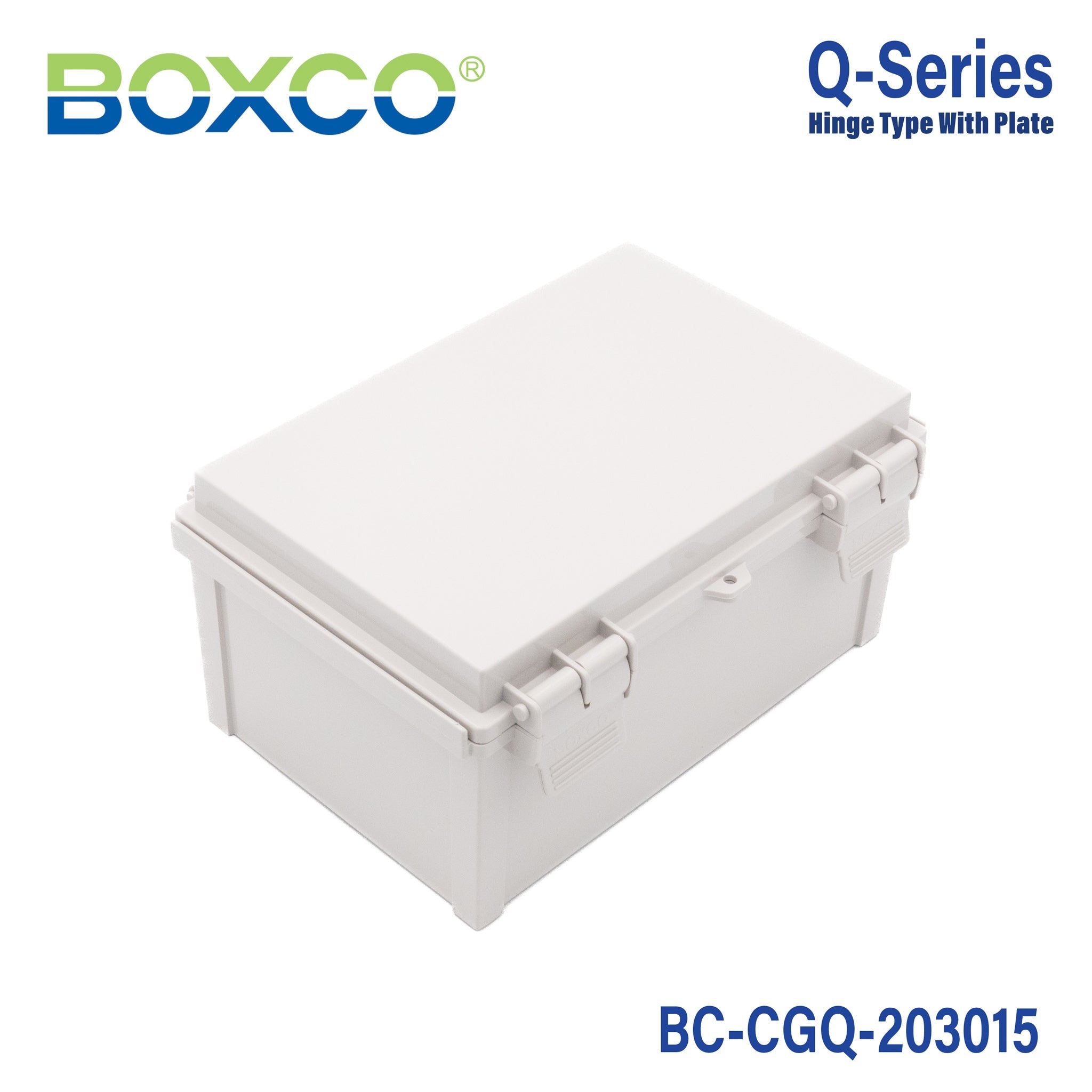 Boxco Q Series 7.87 x 11.81 x 5.91 Inches (200 x 300 x 150mm) Waterproof Plastic Enclosure - IP67 Rated, IK08 Impact Resistant, Polycarbonate Construction with Grey Cover & Secure Hinge Latch - Ideal for Outdoor Electronics, Industrial Equipment & Electrical Component Protection
