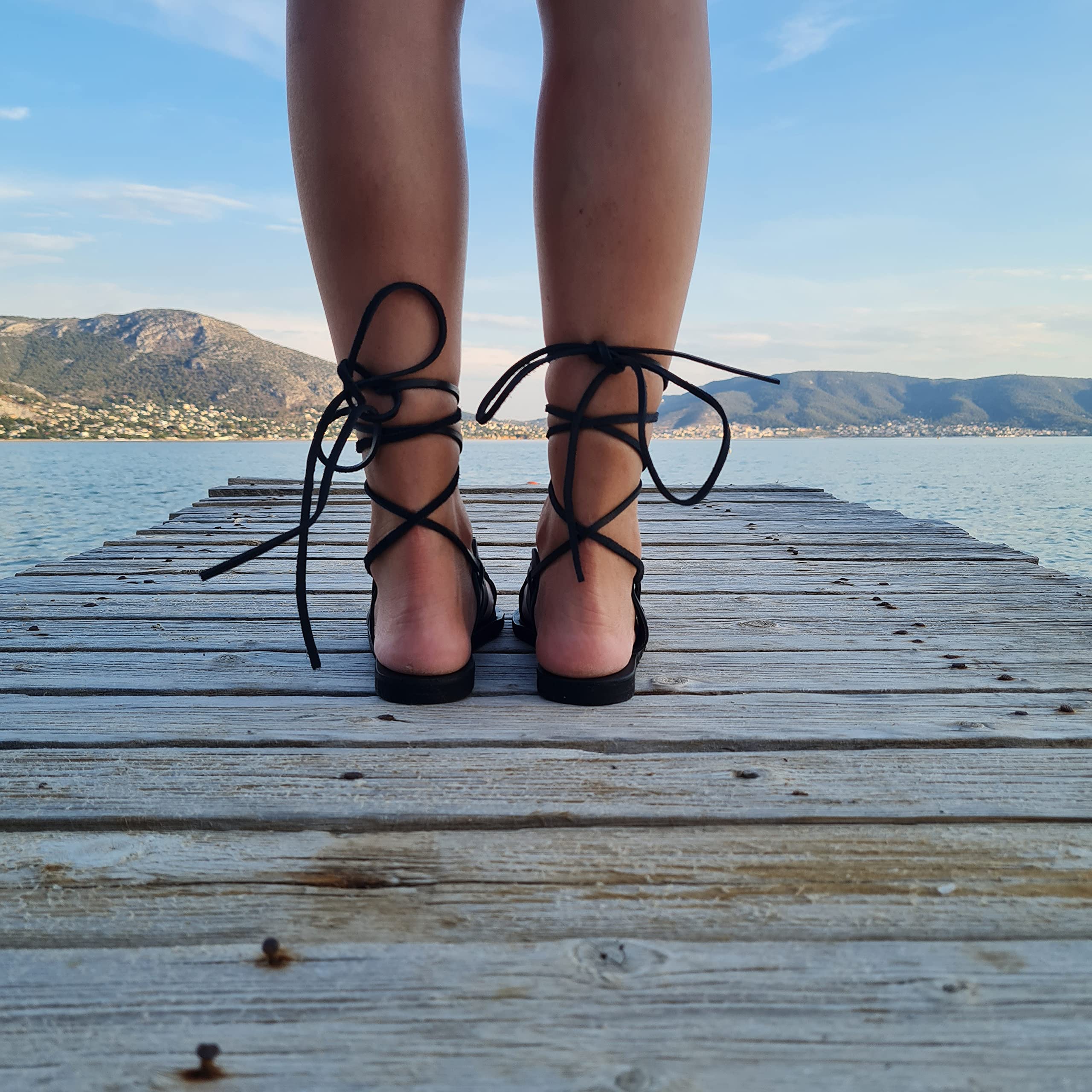 Handmade Black Leather Greek Gladiator Sandals with Lace-Up Design & Toe Ring – Perfect for Summer Fashion, Boho Outfits, and Beach Vacations