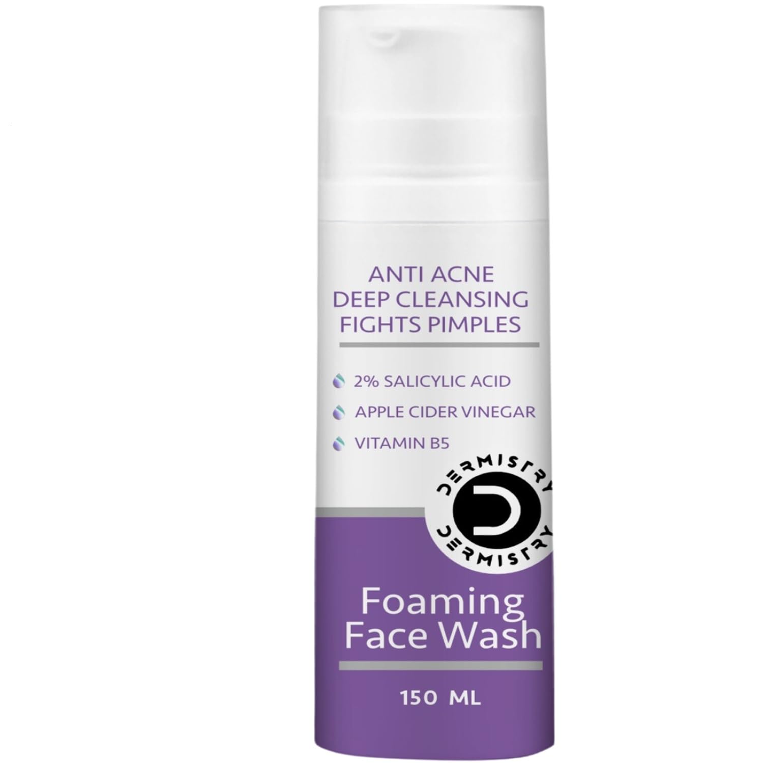 Dermistry 2% Salicylic Acid & Niacinamide Acne Face Wash - Oil Free Foaming Cleanser with Apple Cider Vinegar & Zinc - Exfoliates & Removes Excess Oil for Oily, Acne-Prone Skin - Men & Women - 150ml - Perfect for Daily Skincare Routine & Acne Treatment