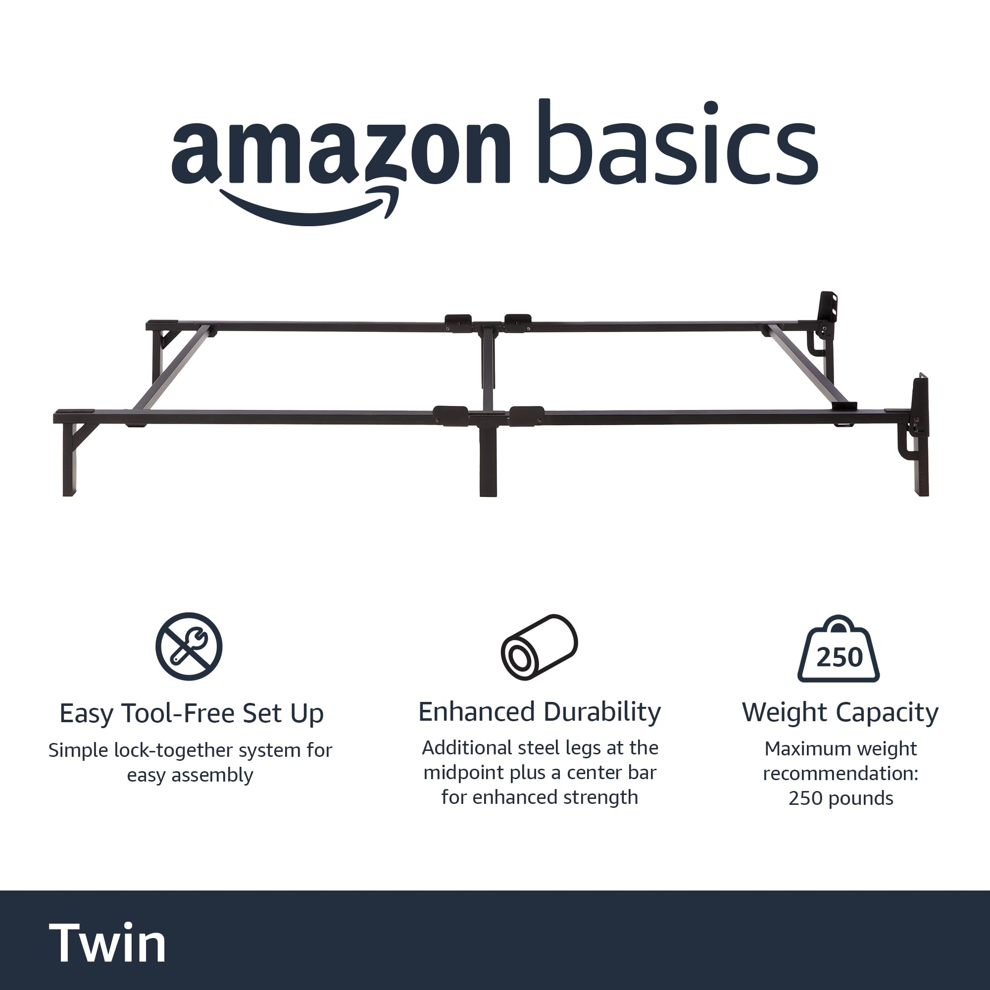Amazon Basics Metal Twin Size Bed Frame - 6-Leg Sturdy Support for Box Spring & Mattress, Tool-Free Easy Assembly, 74.5