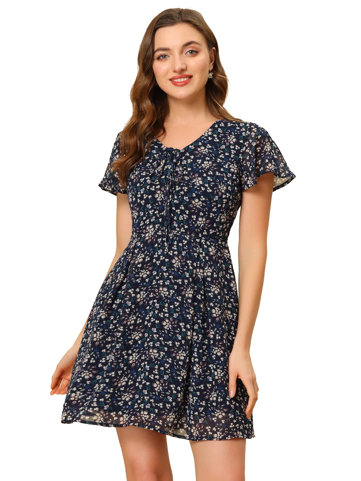 Allegra K Women's Floral Print Summer Dress - Short Sleeve V-Neck Lace-Up Chiffon Flare Dress for Spring & Summer | Perfect for Beach Vacations, Date Nights & Garden Parties
