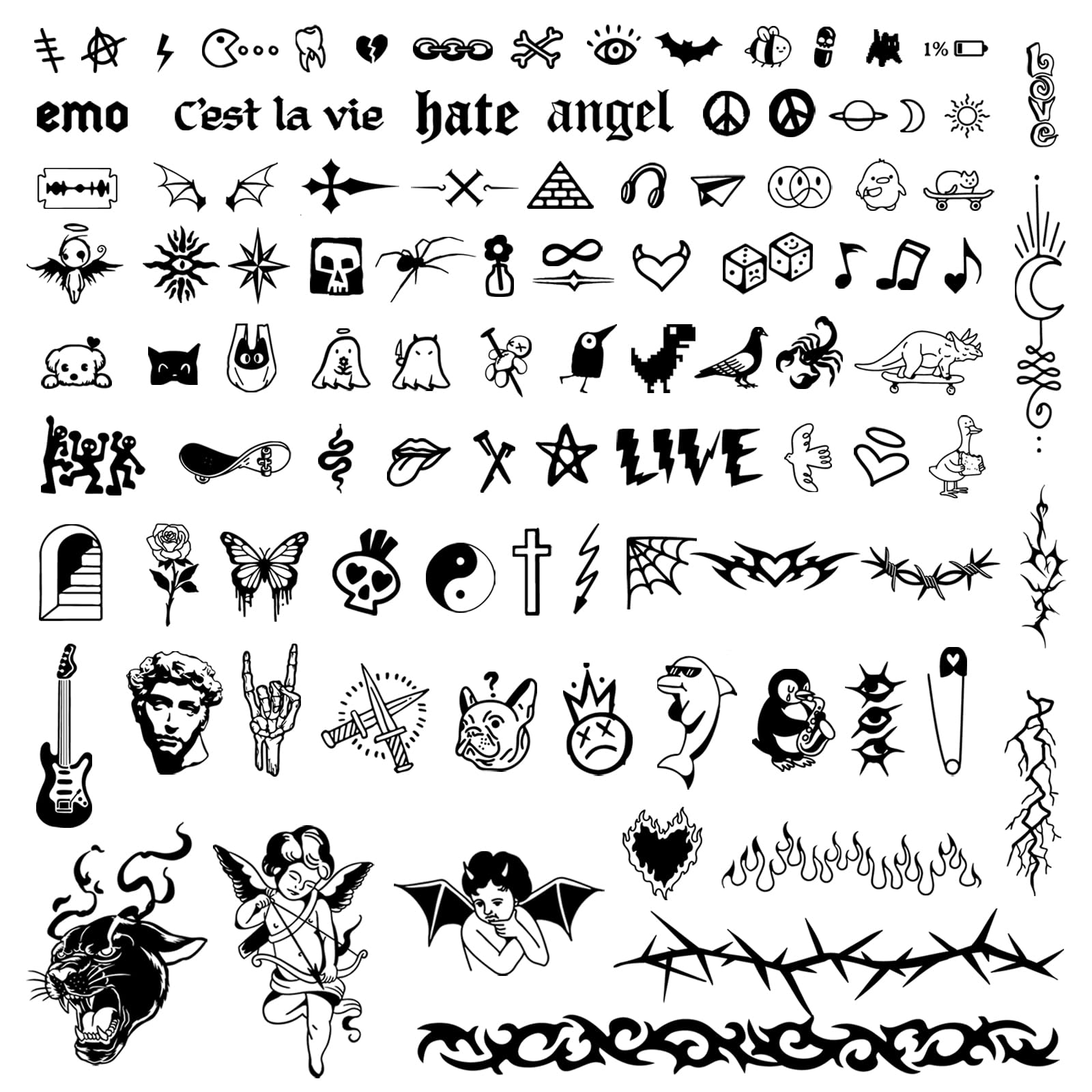 100PCS Semi Permanent Temporary Tattoos for Adults - Waterproof Fake Tattoos Lasts 1-2 Weeks - Punk Style Small Tattoos for Finger Hand Arm Body - Perfect for Parties Festivals Halloween Costumes & Cosplay