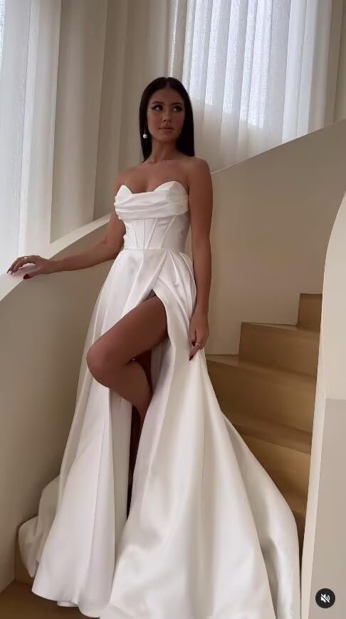 Elegant 2025 Satin Long Wedding Dress with High Slit & Corset - RO006 Bridal Gown for Women | Perfect for Church Ceremonies, Beach Weddings & Formal Receptions
