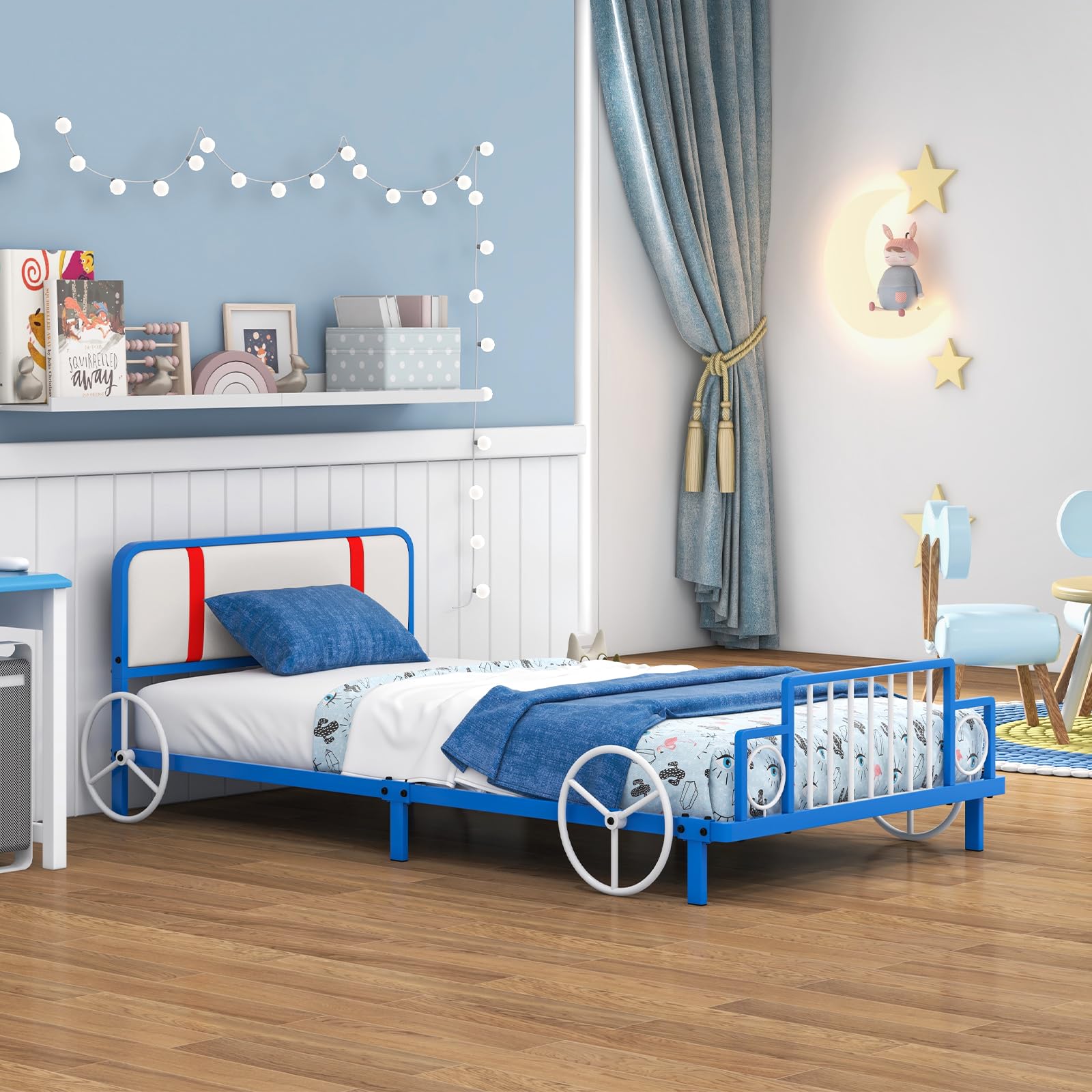 Costzon Twin Bed Frame for Kids - Sturdy Metal Platform with Slat Support, Padded Headboard & Footboard | No Box Spring Required | Easy Assembly | Fits Standard Twin Mattress (Racing Car Design) | Perfect for Kids' Bedrooms, Dorm Rooms & Guest Rooms