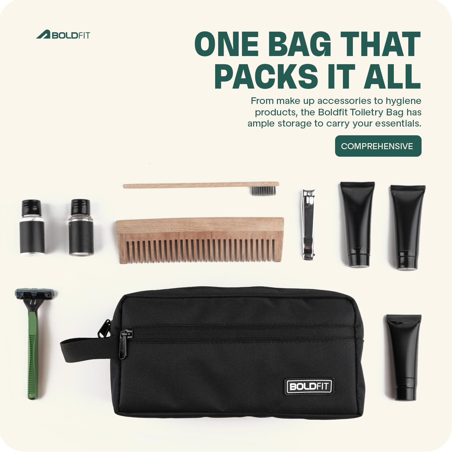 Boldfit Polyester Travel Toiletry Bag for Men & Women - Waterproof Makeup Pouch & Essential Organizer (18cm Width, Black) - Perfect for Gym, Camping & Business Trips