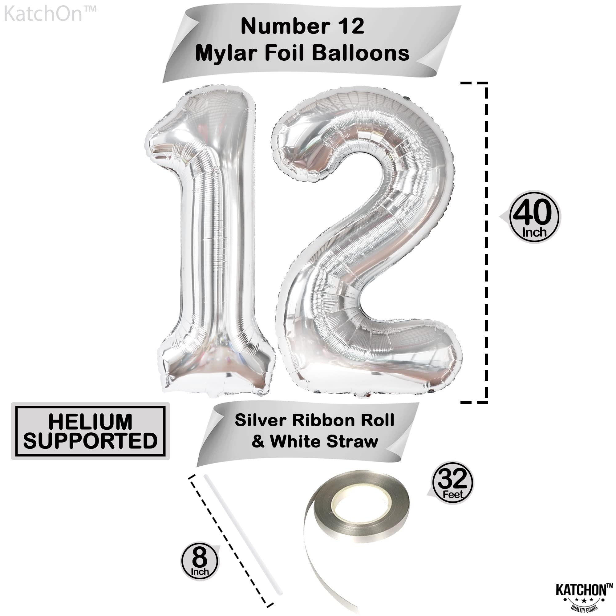 KatchOn 40 Inch Giant Silver Number 12 Balloon - Large 12th Birthday Decorations for Girls & Boys | Party Balloons for 12 Year Old Birthday Celebrations | Perfect for Birthday Parties, Photo Backdrops & Milestone Decor