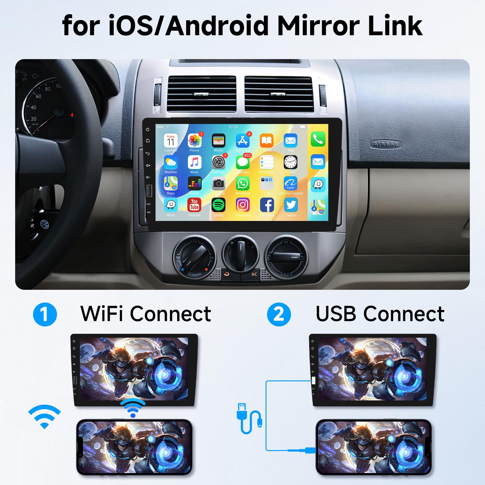 Hodozzy 9 Inch Single Din Car Stereo with Wireless CarPlay & Android Auto - Touch Screen Bluetooth Head Unit, FM Radio, USB, EQ, MirrorLink + Backup Camera | Perfect for Hands-Free Calling, Music Streaming & Safe Parking