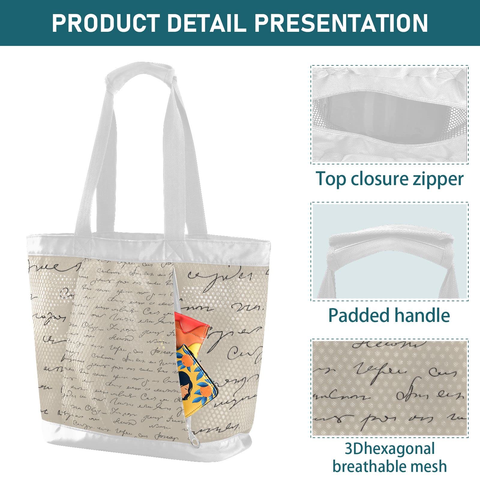 J JOYSAY Abstract Handwritten Text Mesh Beach Tote Bag - Large Waterproof & Sandproof Shoulder Bag for Women, Yoga, Dance, Pool & Seaside | Perfect for Beach Trips, Gym, Travel & Summer Outings