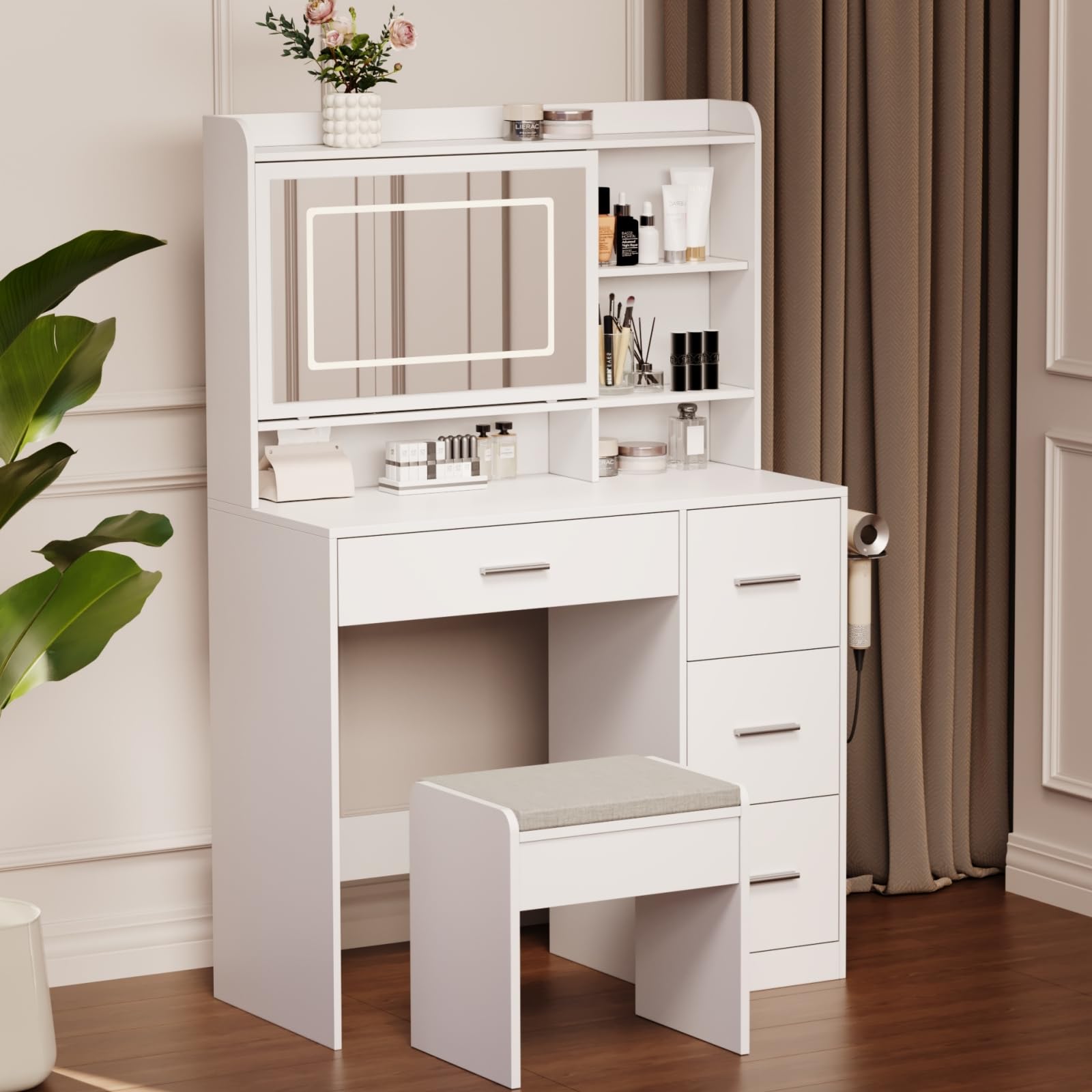 Vanity Desk with Mirror & LED Lights, Chair & 4 Drawers - 3 Adjustable Lighting Modes, Power Outlet & Sliding Mirror - White Bedroom Vanity Table for Makeup & Dressing (Perfect for Small Spaces & Apartment Living)