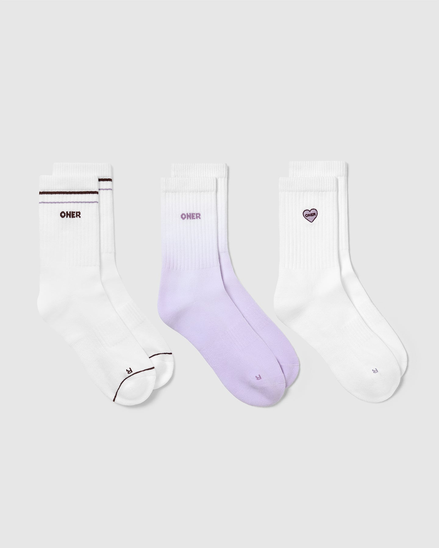 Oner Heart Crew Socks 3 Pack - Soft Cotton Ankle Socks for Women & Men | White & Lavender | Casual, Athletic & Everyday Wear