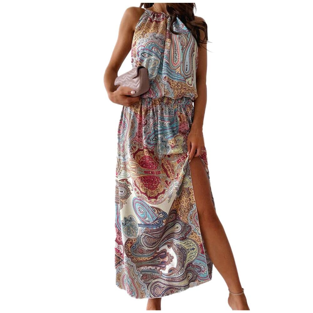 NP Women's Summer Sleeveless Halter Neck Dress with Waist Print & Side Slit - Casual Beach Dress for Vacation, Pool Party & Outdoor Date Night