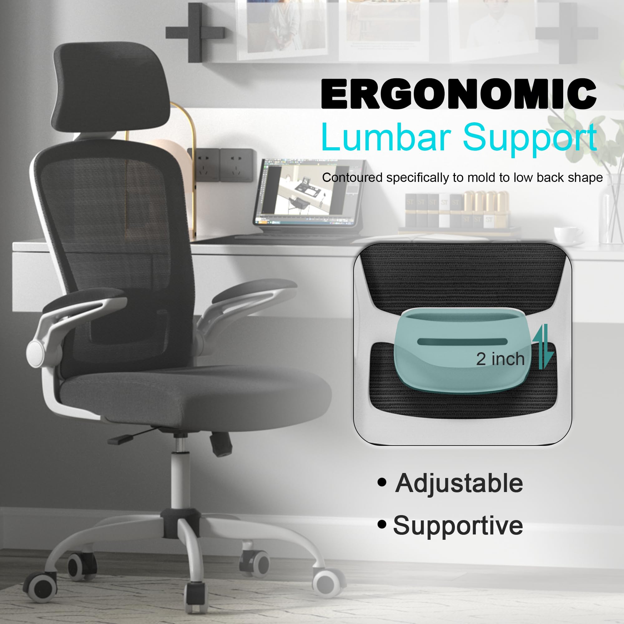 Ergonomic High Back Office Chair with Adjustable Lumbar Support & Headrest - Mimoglad Swivel Task Chair with Flip-Up Armrests for Guitar Playing (Modern, Dim Gray) - Perfect for Home Office, Gaming & Music Practice