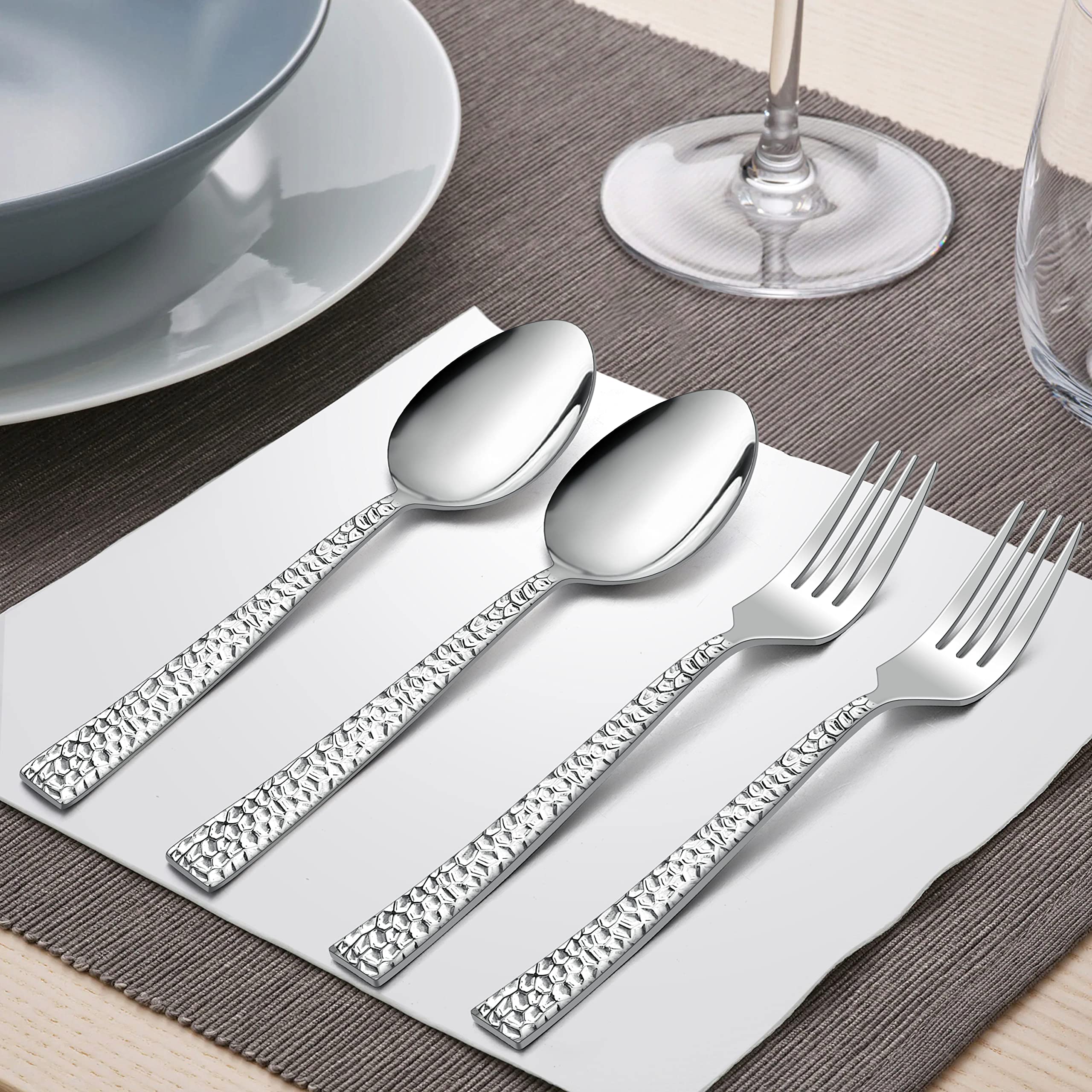 HaWare 60-Piece Hammered Stainless Steel Flatware Set for 12 - Mirror Polished Modern Cutlery for Kitchen, Restaurant & Party | Dishwasher Safe Silverware for Everyday Dining & Special Occasions