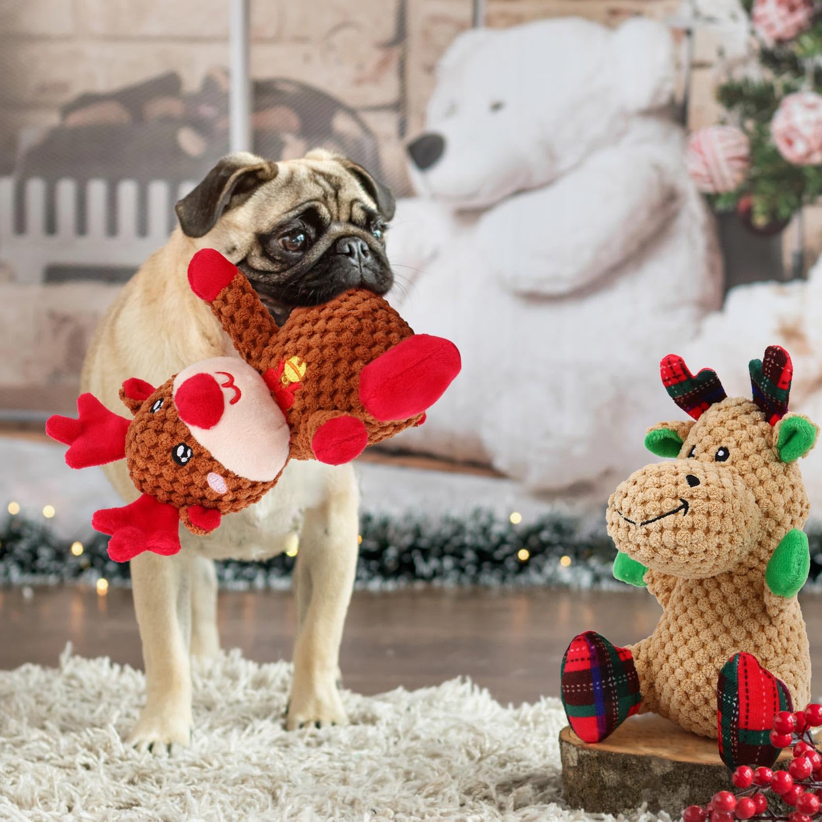 2 Pack Christmas Squeaky Plush Dog Toys for Small & Medium Dogs - Durable Chew-Proof Puppy Toys with 2 Cute Elk Designs (Red & Green) - Perfect for Holiday Playtime, Training Rewards & Interactive Fun