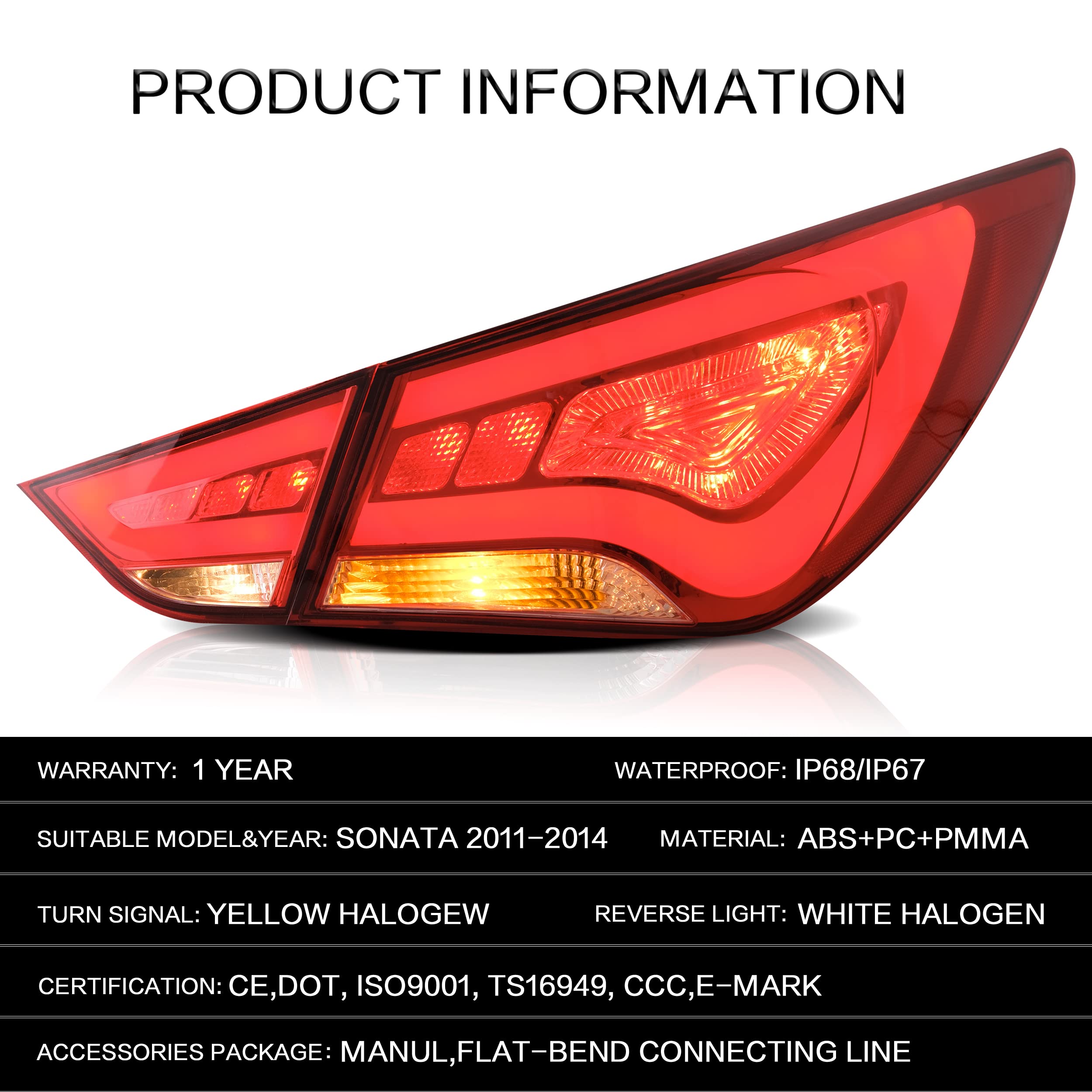 VLAND Red Smoked Tail Lights Assembly for 2011-2014 Hyundai Sonata 6th Gen Sedan (US Version) - DRL, Reverse & Turn Signal Lights | Upgrade Rear Lamps for Enhanced Style & Night Visibility