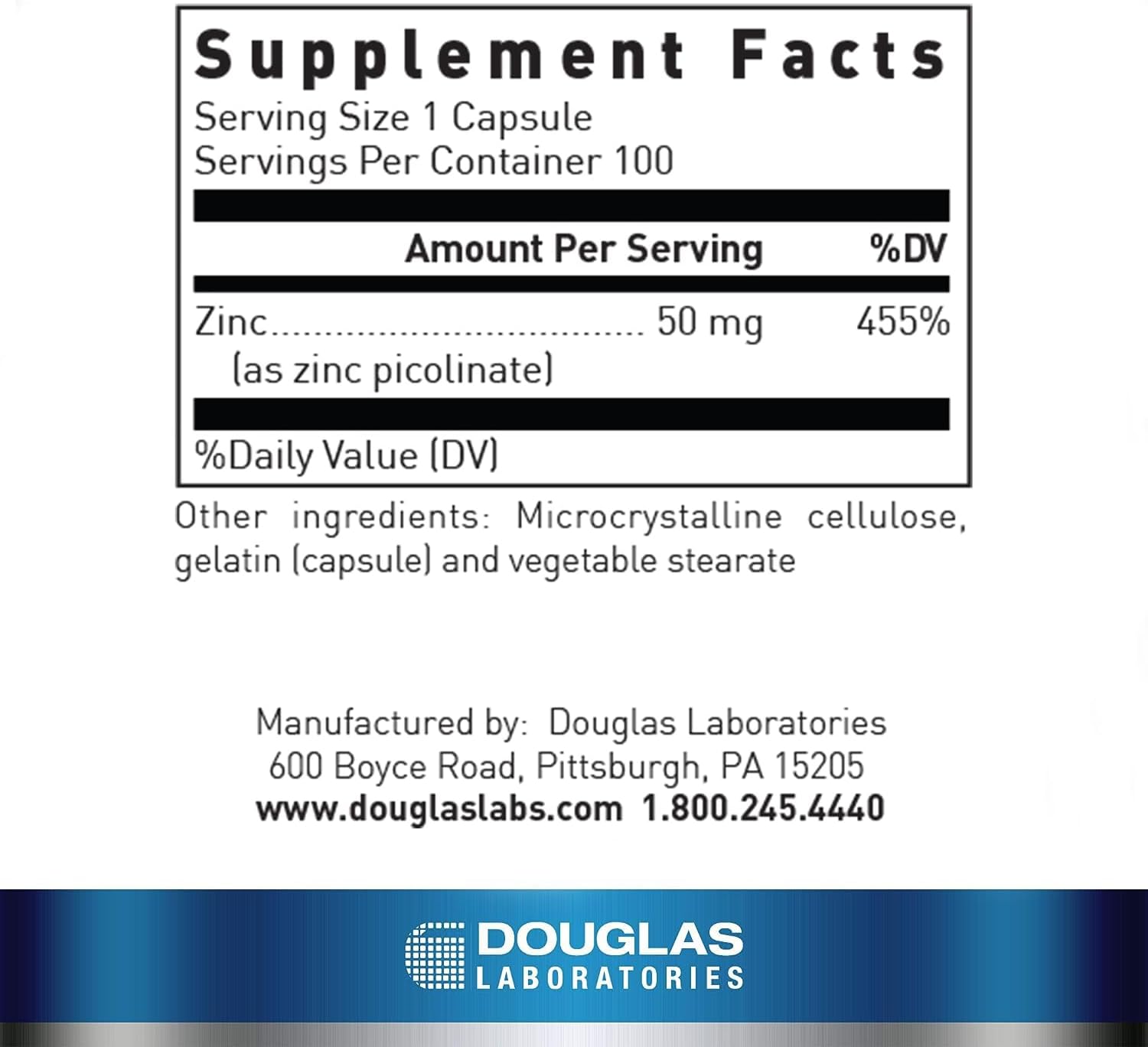 Douglas Labs Zinc Picolinate 50mg Supplement - High Absorption Zinc for Immune Support & Skin Health - Perfect for Daily Wellness & Immune Boosting