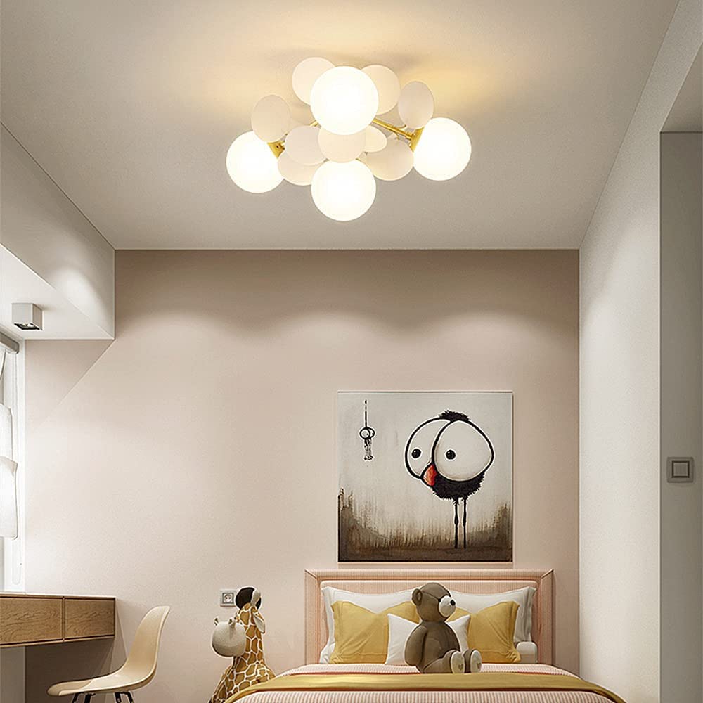 NIUYAO 8-Light White Glass Spherical Semi Flush Mount Ceiling Chandelier - Nordic Style Decorative Leaf Design for Bedroom, Living Room & Dining Room Lighting