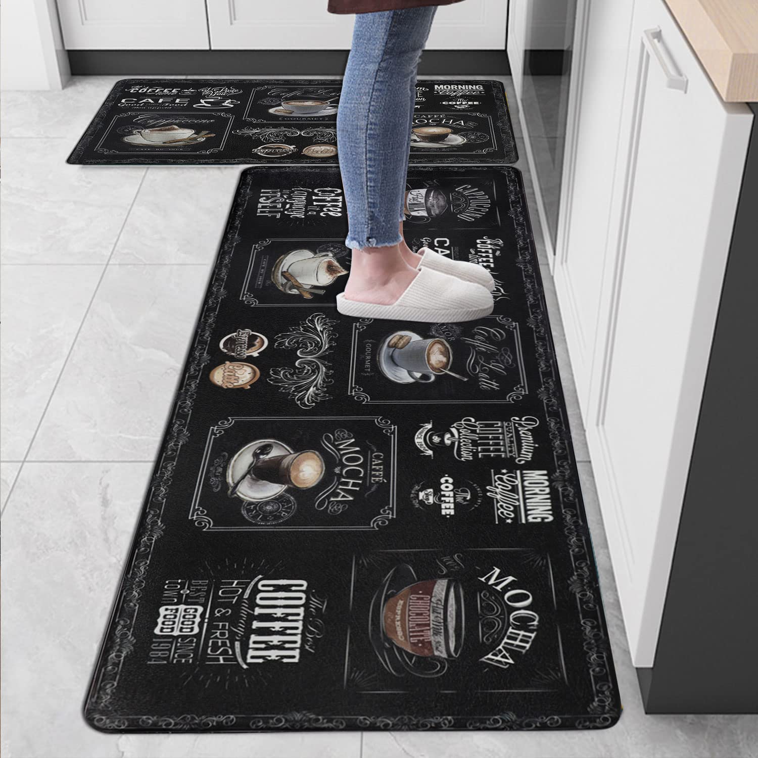 Famibay 2-Piece Anti-Fatigue Kitchen Mats Set - Non-Slip Waterproof Cushioned Floor Mat with Coffee Design, Easy to Clean Foam Rug for Kitchen Sink, Laundry & Standing Areas (17