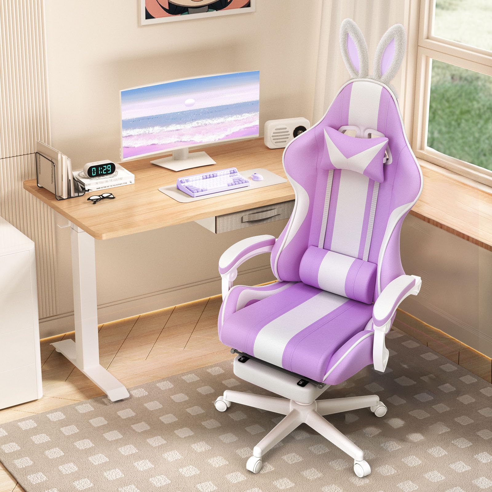 Kawaii Light Purple Gaming Chair with Bunny Ears - Ergonomic Cute Gamer Chair with Footrest & Massage - Racing Reclining Leather Computer Chair for Girls, Adults, Teens & Kids - Perfect for Gaming, Streaming, Home Office & Dorm Room Setup