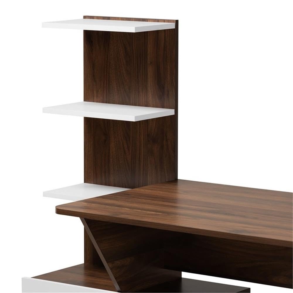 BOWERY HILL White & Brown Wooden Computer Desk with Storage Shelves - Perfect for Home Office, Study Room & Small Spaces