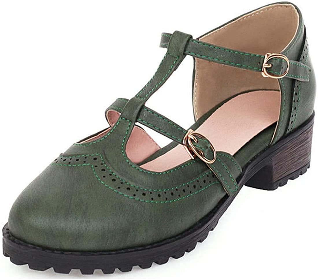 Women's Chunky Low-Heel T-Strap Mary Jane Shoes - Double Buckle Round Toe Platform Pumps in Army Green | Comfortable Dress Shoes for Work, Party & Casual Outfits