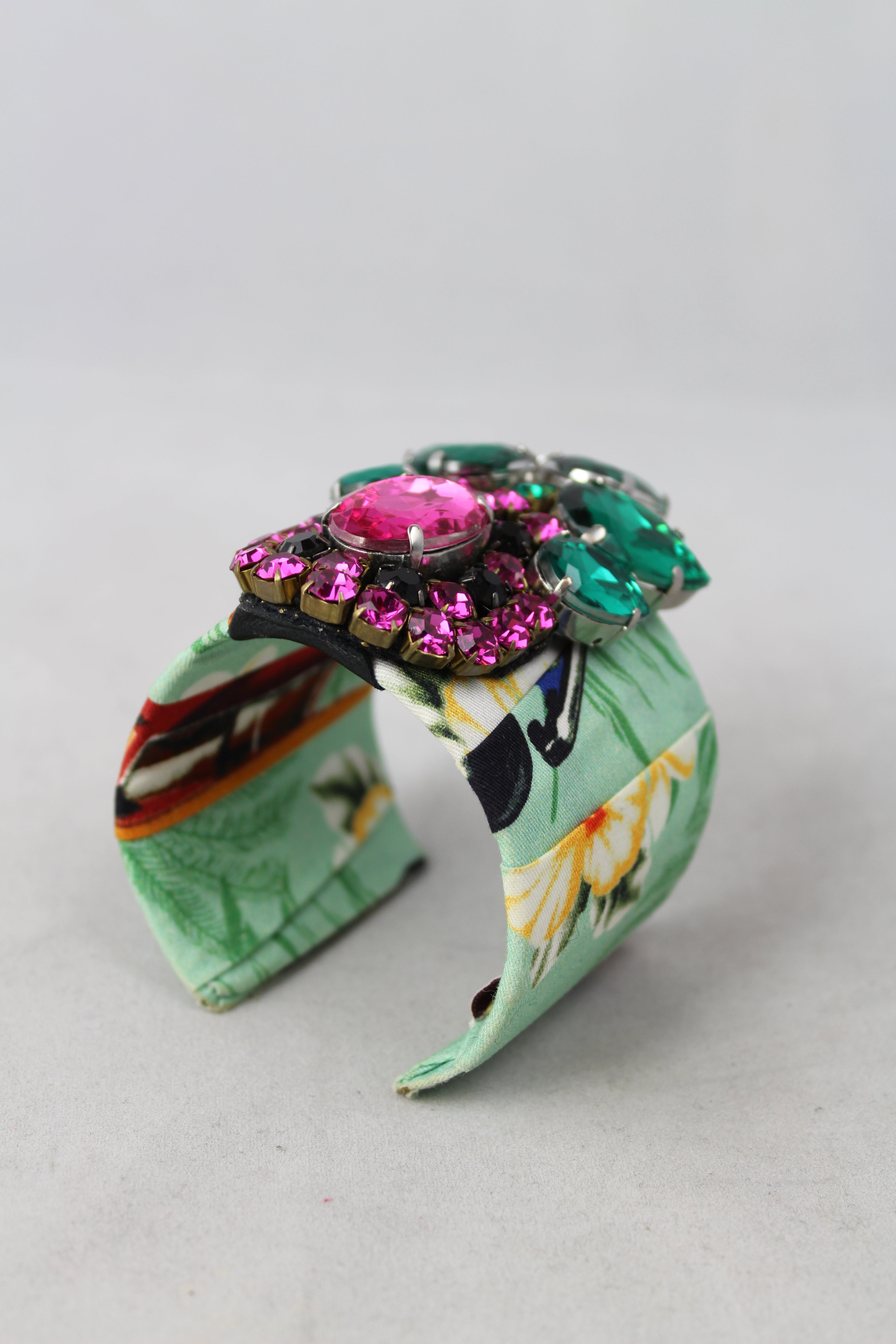 Stella Jean Green Fabric Stiff Bracelet with Stones - Elegant Jewelry for Women, Perfect for Parties, Weddings & Special Occasions