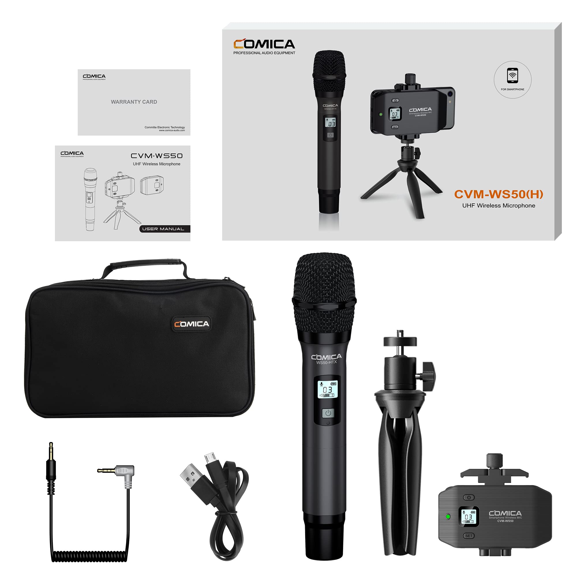 Comica CVM-WS50(H) Wireless Microphone System - 6 Channel Handheld Interview Mic with Flexible Grip for Smartphones & Cameras | Ideal for YouTube Videos, Interviews, Video Conferences, Podcasting & Live Streaming