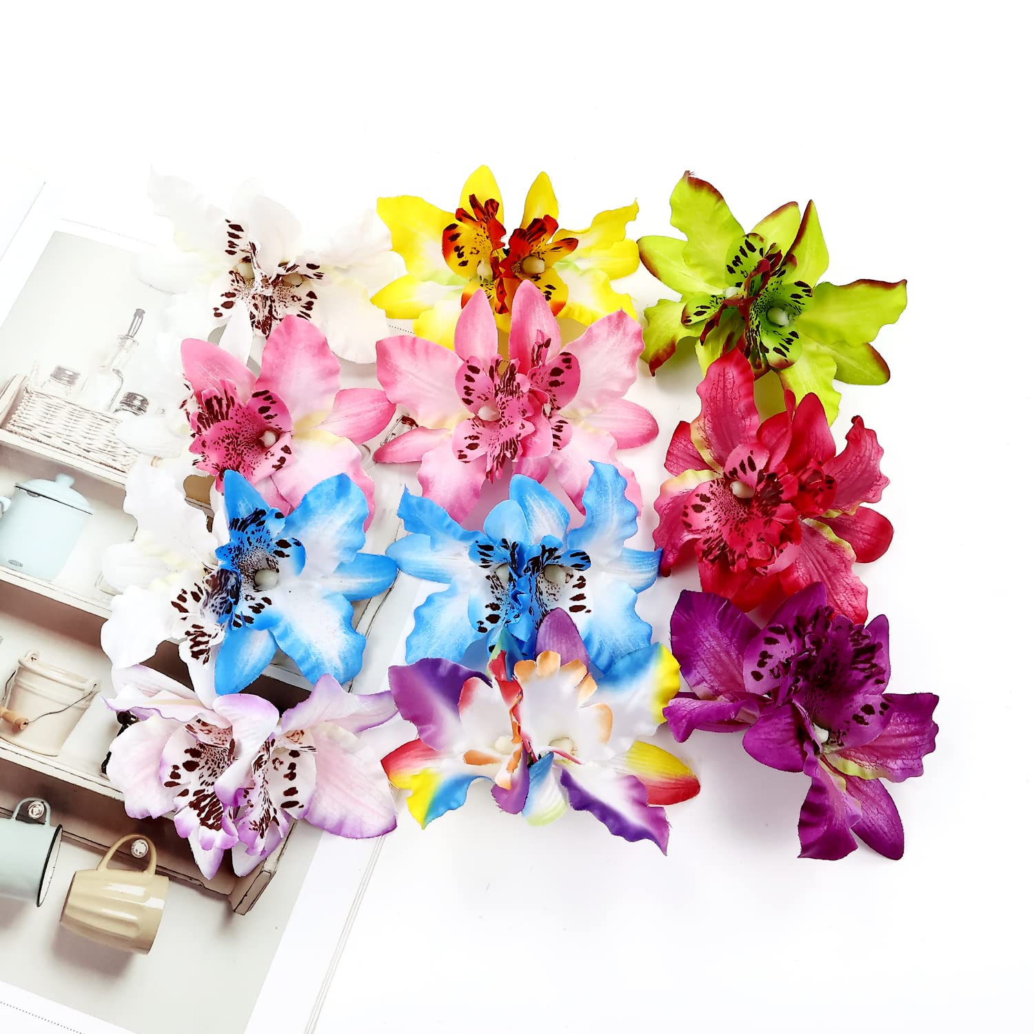 12 Pack Artificial Silk Orchid Hair Clips - Tropical Floral Barrettes with Alligator Clips for Women & Girls | Perfect for Beach Weddings, Hawaiian Parties, and Holiday Hairstyles