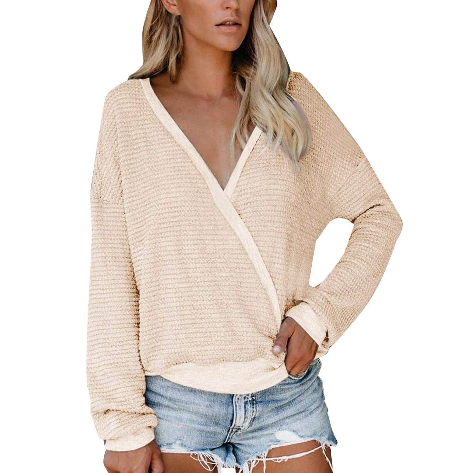 Sexy Women's Deep V Neck Wrap Sweater - Long Sleeve Waffle Knit Pullover Top for Casual Wear & Date Nights | Cozy Winter Fashion