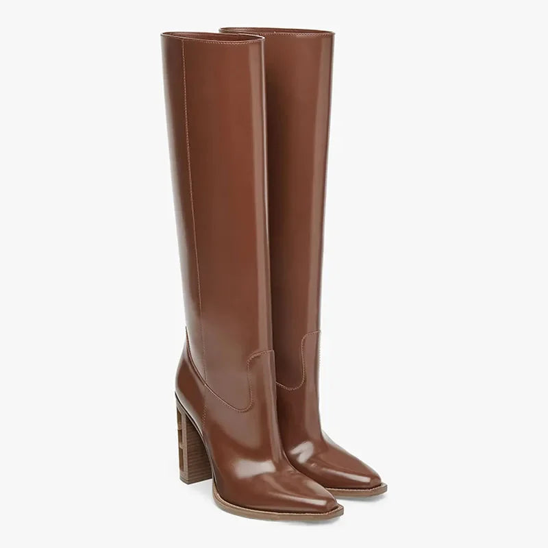 Arden Furtado Women's Knee High Leather Boots with Hollow Out Design & Chunky Heels - Fashionable Brown Tan Riding Boots for Women | Perfect for Fall Outfits, Casual Wear & Horseback Riding