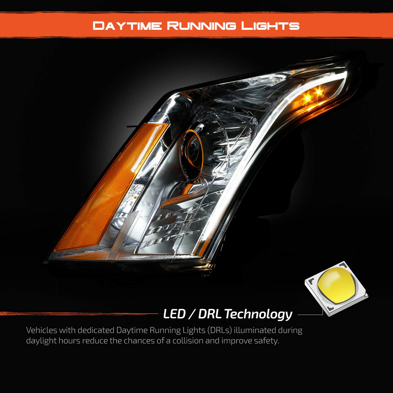 AKKON LED Switch-Back DRL Projector Headlights for 2010-2014 Cadillac SRX (Halogen Model) - Chrome Housing - Upgrade Your Car Lighting for Night Driving & Enhanced Visibility