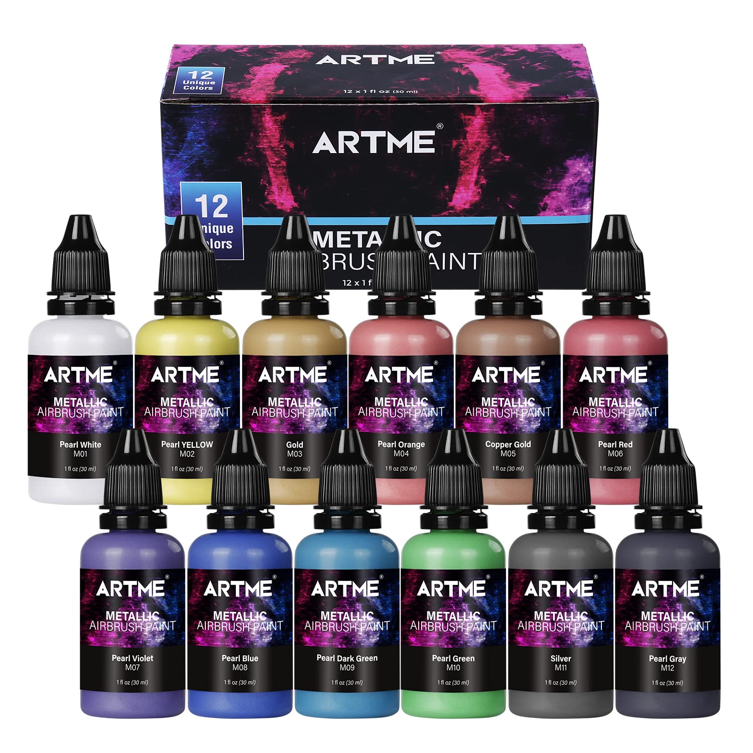 12 Metallic Colors Airbrush Paint Set - Opaque Water-Based Acrylic Paint for Leather, Shoes & Crafts | Ready to Spray Kit for Artists, Beginners & Students | Perfect for DIY Projects, Cosplay & Custom Designs