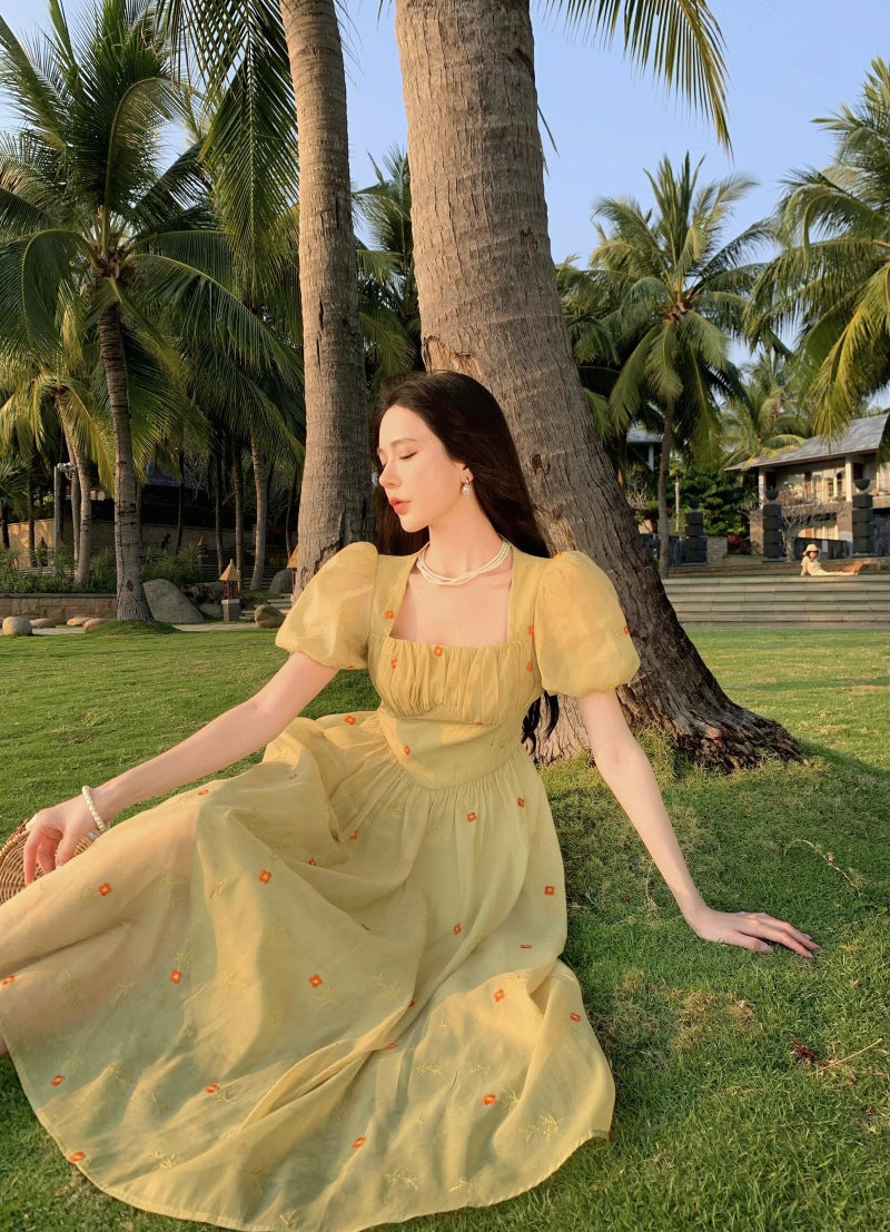 French Square Neck Floral Retro Chiffon Long Dress for Women - Elegant Fairy Green Summer Maxi Dress for Beach, Wedding & Special Occasions