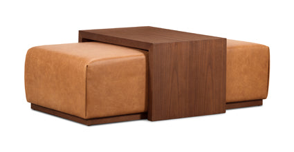 Jarmo Leather Ottoman with Walnut Table - Stylish Footrest & Coffee Table for Living Room, Bedroom, or Office - Premium Leather & Wood Furniture for Home Decor