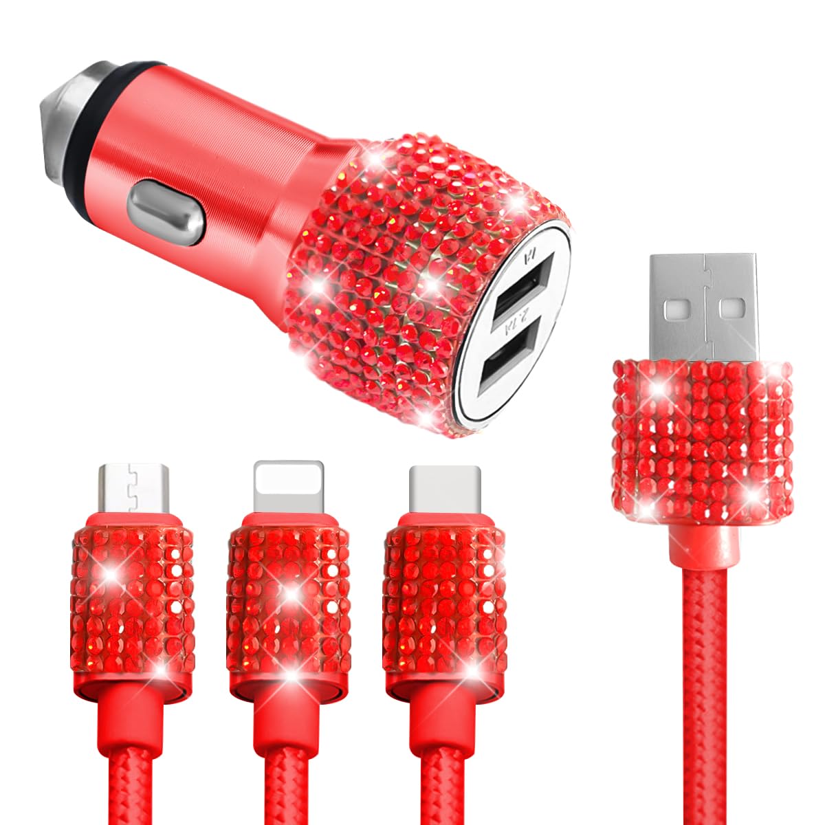 Sparkling Dual USB Car Charger with 3-in-1 Fast Charging Cable - 2-Port Car Adapter with Type C & Micro USB for iPhone & Android - Rhinestone Car Accessories for Women (Red) | Perfect for Road Trips & Daily Commute