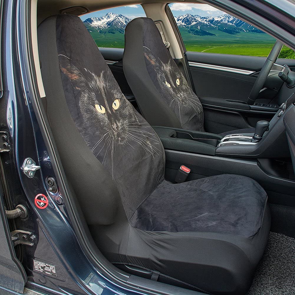 Premium Universal Front Car Seat Covers - Ultra-Soft Pet-Friendly Car Seat Protectors with Stylish Black Cat Print | Perfect for Daily Commuting, Road Trips & Pet Owners