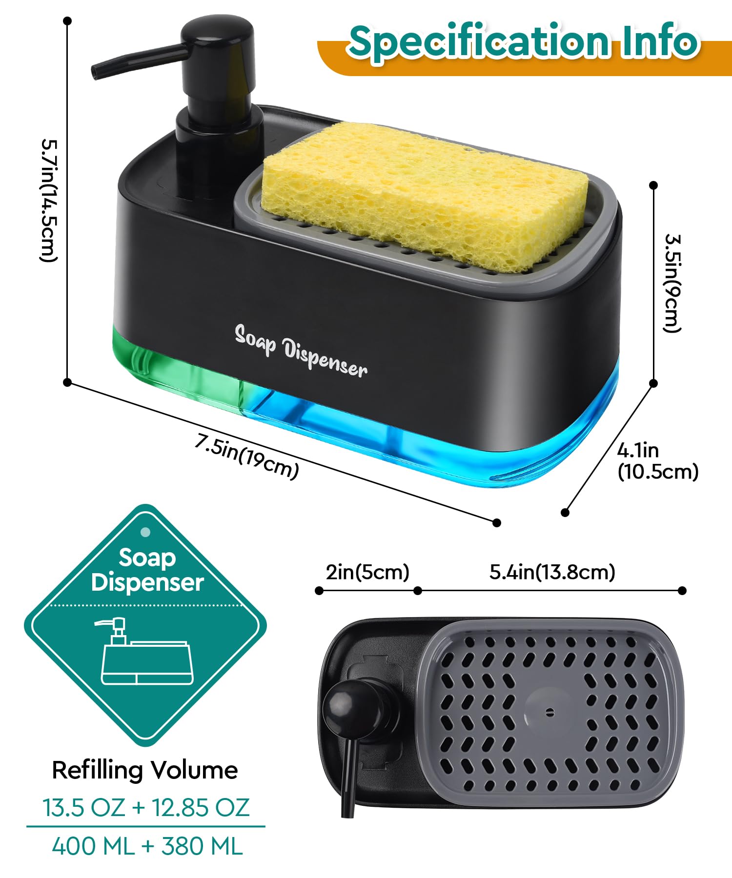 3-in-1 Kitchen Soap Dispenser Set with Sponge Holder - Dual Pump for Dish & Hand Soap, Countertop Organizer for Kitchen Sink (Black) | Perfect for Washing Dishes, Cleaning Countertops & Organizing Kitchen Essentials