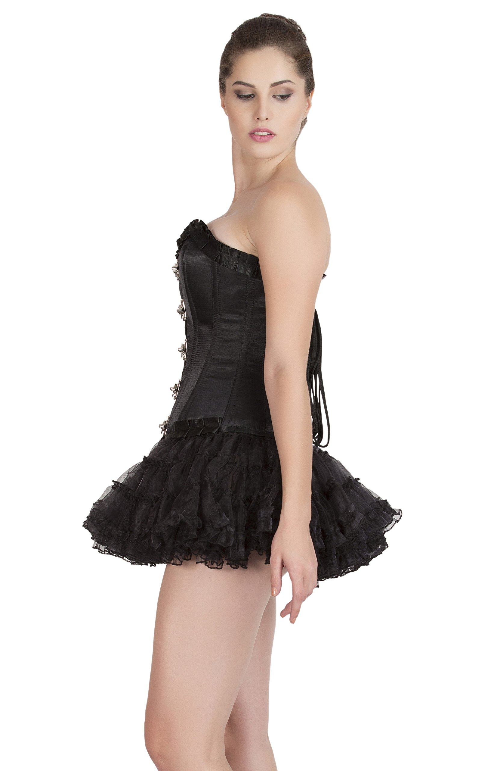Black Satin Lace Gothic Burlesque Overbust Corset Dress with Tutu Skirt - Elegant Victorian Steampunk Costume for Cosplay, Burlesque Shows & Halloween Parties