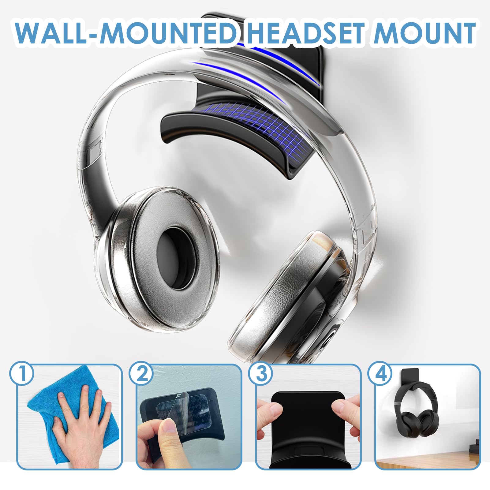 Premium 3M Adhesive Headphone Holder - Universal Hook for Gaming Headsets & Cables, Black - Perfect for Desk, Monitor & Wall Mounting to Organize Your Workspace or Gaming Setup