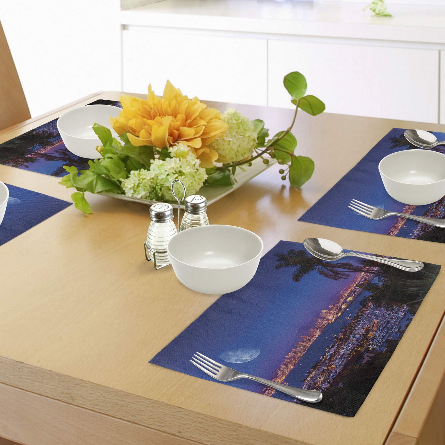 Lunarable USA Washable Fabric Place Mats Set of 4 - San Diego California Night Panorama with Moon & Yachts - Navy Blue Pink Brown Dining Table Decor for Kitchen & Restaurant Use