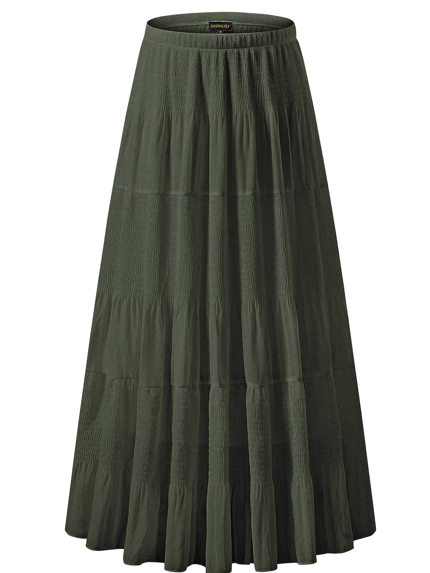NASHALYLY Women's Chiffon Elastic High Waist Pleated A-Line Flared Maxi Skirt - Elegant Summer Beach Wedding Party Dress for Women